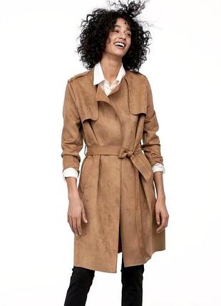 Замшевий тренч плащ h&m, темно бежевий xs-s