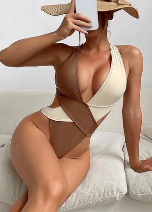 💋Слитный купальник в молочно-коричневом и молочно-черном цветах, открытая спинка и затяжка на трусиках красиво подчеркивает формы