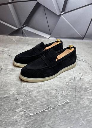 Туфли лоферы замшевые мужские чёрные loro piana black! натуральная замша! все размеры! весна-лето!