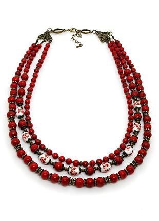 🔺❤️🌸 колье трехрядное "ожерелье" в украинском стиле натуральный камень говлит и керамика