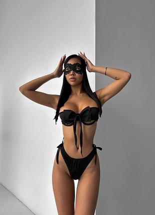 Сексуальный черный атласный комплект с бантом