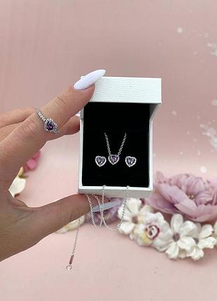 Серебряный набор пурпурное фиолетовое сердце • сердечко • серебряный набор • пандора • pandora