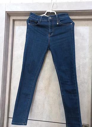 Красивые, фирменные, термо синие, брюки, джинсы, скинни, высокая посадка