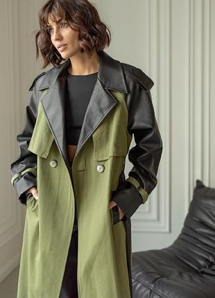 Кожаный комбинированный тренчкот плащ тренч