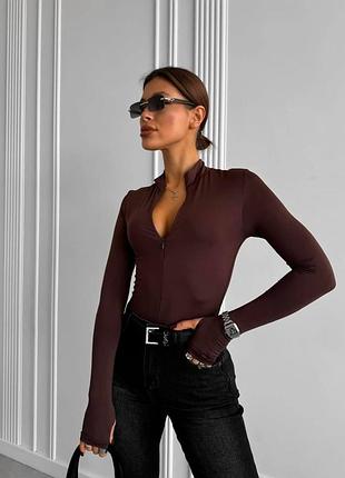 Боді однотонне базове на блискавці на довгий рукав якісне стильне повсякденне шоколадне коричневе