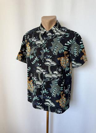 H&amp;m сорочка теніска ліоцел чорна незвичайний принт дракони птиці пляжна гавайська віскоза ліоцел