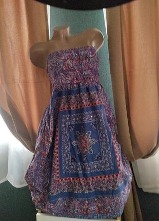 Туніка без бретелей сарафан синій в абстрактний принт