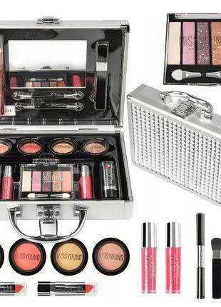 Набір декоративної косметики в алюмінієвому кейсі з дзеркалом makeup set mc1488 сріблястий brd