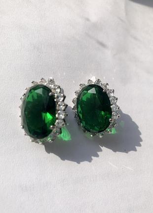Серьги серебро и зеленый агат + цирконии