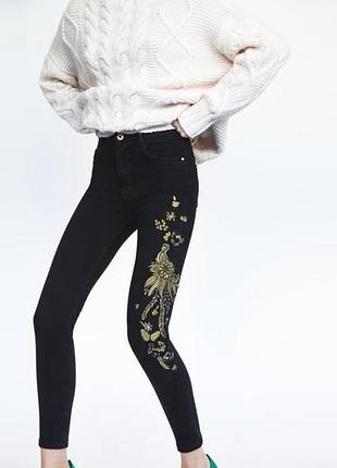 Сток zara черные скинни джинсы с золотой вышивкой | оригинал испания ✨🖤