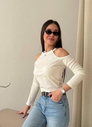 Кофта базовая женская лонгслив топ с открытыми плечами в рубчик трендовый черный белый