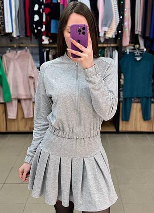 Жіночий костюм плісе юбка на резинці та бомбер на змійці на манжетах