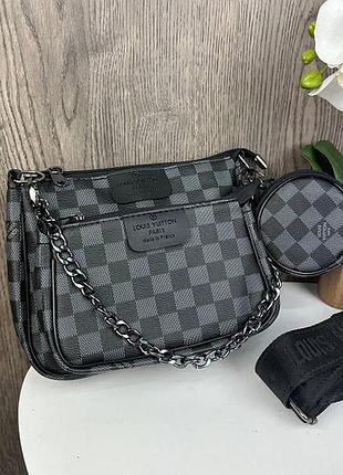 Женская сумка мульти клатч 3 в 1 стиль эла витон pochette. набор сумочек черный клетка 791