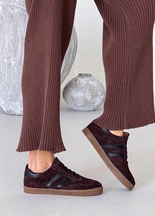 Коричневые шоколадные натуральные замшевые кроссовки кеды с черными полосками на толстой подошве замша шоколад