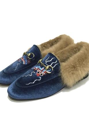 Велюровые тапочки синего цвета