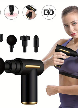 Портативний ручной массажер для тела fascial gun yr-2 сенсорный 4 насадки черный