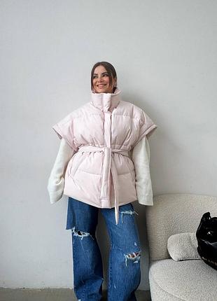 Накладной платеж ❤ весенняя легкая теплая оверсайз жилетка жилет на пуху под пояс дута