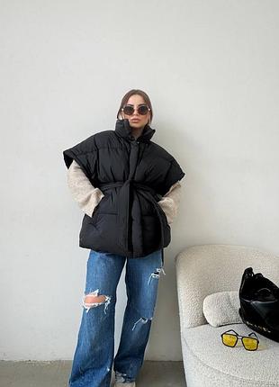 Накладной платеж ❤ весенняя легкая теплая оверсайз жилетка жилет на пуху под пояс дута