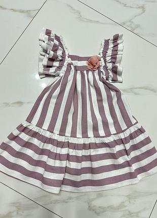 Коттоновое летнее праздничное платье в полоску с цветком на 5-6 лет