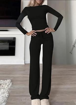 Жіночий костюм чорний кофта лонгслів та штани прямі з модала