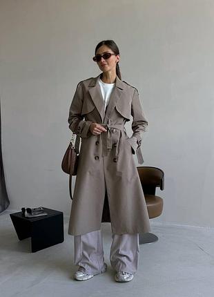 Плотный тренч макси на весну на мембране, плащ демисезонный на пуговицах с поясом