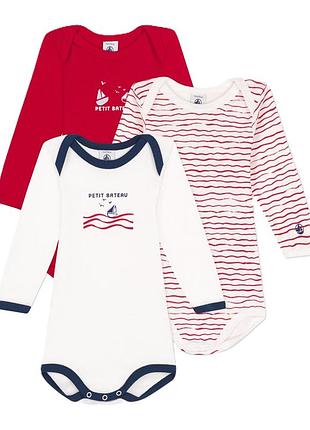Набор хлопковых боди petit bateau с длинными рукавами белый с красным 3 шт (6м, 12м, 18м)