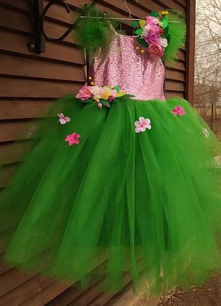 Сукня зелена весна пишна фатинова нарядна мавка веснянка з квітами обручем