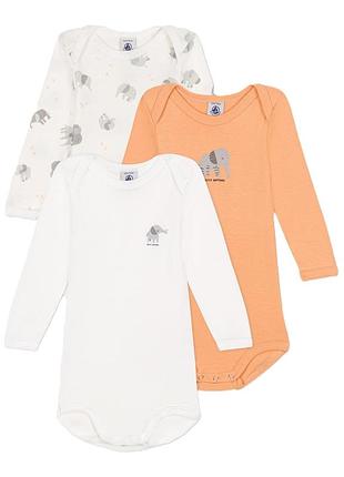 Набор хлопковых боди petit bateau с длинными рукавами со слоником 3 шт (9м, 12м, 18м)