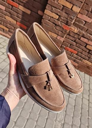 Лоферы женские замшевые натуральные шоколадного цвета, светлый орех цвет