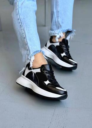 Черно-белые женские кроссовки из натуральной кожи и замши р36-41 кроссы