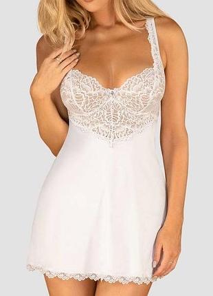 Сорочка мереживним ліфом obsessive amor blanco chemise комплект білий пенюар трусики стринги