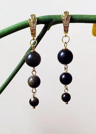 Длинные серьги с золотистым обсидианом