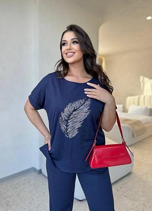 Жіночий костюм з віскози, штани та футболка з пр интом, розмір 48-50,52-54,56-68