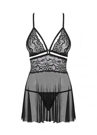 Babydoll obsessive пеньюар ночная рубашка сетка черный комплект трусики стринги кружевная