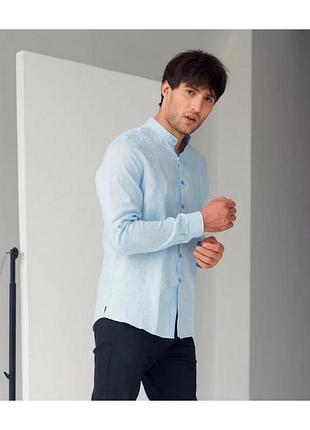 Пастельна блакитна сорочка з коміром стійкою та  довгим рукавом ouku