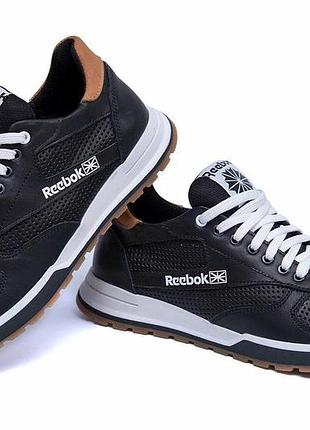 Кроссовки черно-белые reebok, новые, кожаные, на лето/весную, мужские, легкие