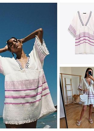 Zara платье вышиванка с контрастной вышивкой бисером,
