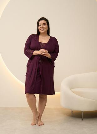 Комплект батал халат + рубашка однотонный кружево - вискоза