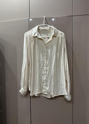 Атласна шовкова блуза рубашка сорочка оверсайз базова молочна бежева