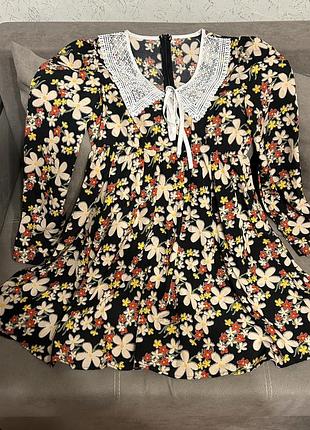 Платье цветочный принт с кружевным воротничком короткое платье 👗 тренд