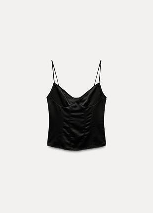 New чорний атласний топ у стилі білизни zara майка на тонких бретелях зара 4886/451