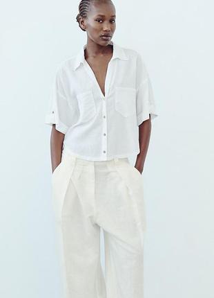 New біла лляна сорочка з короткими рукавами zara коротка літня блуза зара 2186/716