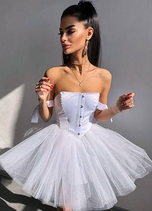 Пышное корсетное платье мини с фатиновой юбкой, вечернее атласное платье с корсетом на крючках, вечернее платье, платье на выпускной8 фото