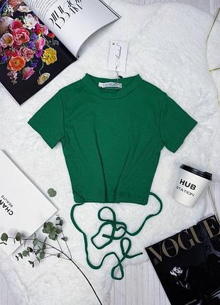 Женский укороченный приталенный топ с шнурками на талии круглая горловина