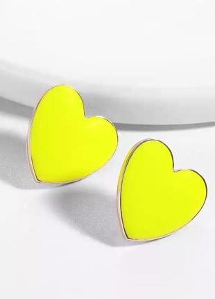 Жовті сережки желтые серьги сердечки пусеты эмаль сердце2 фото
