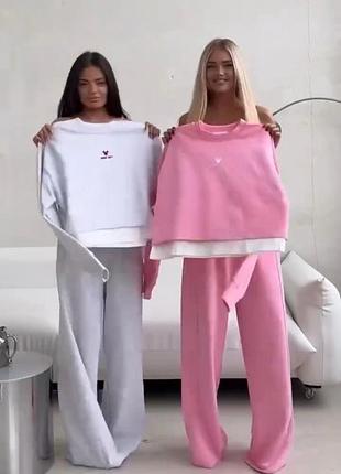 Спортивный костюм из палаццо и широким двойным свитшотом новый женский серый розовый
