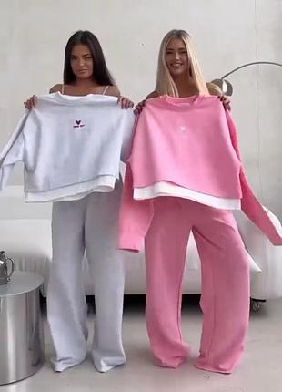 Спортивный костюм из палаццо и широким двойным свитшотом новый женский серый розовый