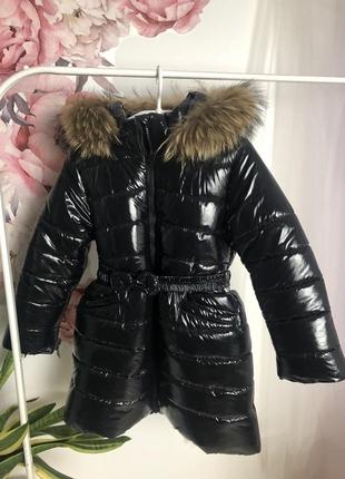 Зимове пальто до -30 морозу, натуральна опушка єнот тканина чорний лак монклер