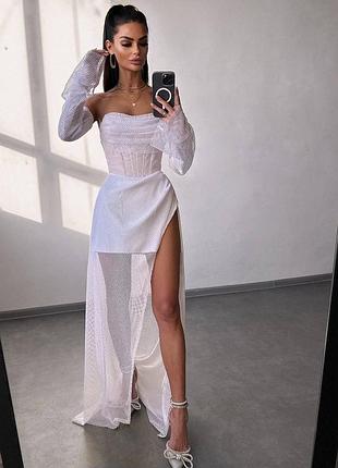 Вишуканий комплект спідниця максі + корсет з рукавами, вечірній комплект з юбкою, костюм зі спідницею з сіткою, вечірня сукня