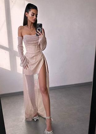 Вишуканий комплект спідниця максі + корсет з рукавами, вечірній комплект з юбкою, костюм зі спідницею з сіткою, вечірня сукня